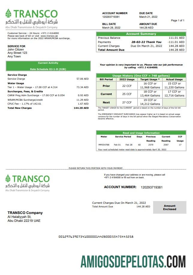 Em branco modelo de conta de serviços públicos da Empresa de Transmissão e Despacho dos Emirados Árabes Unidos Abu Dhabi (TRANSCO) em formato Word e PDF